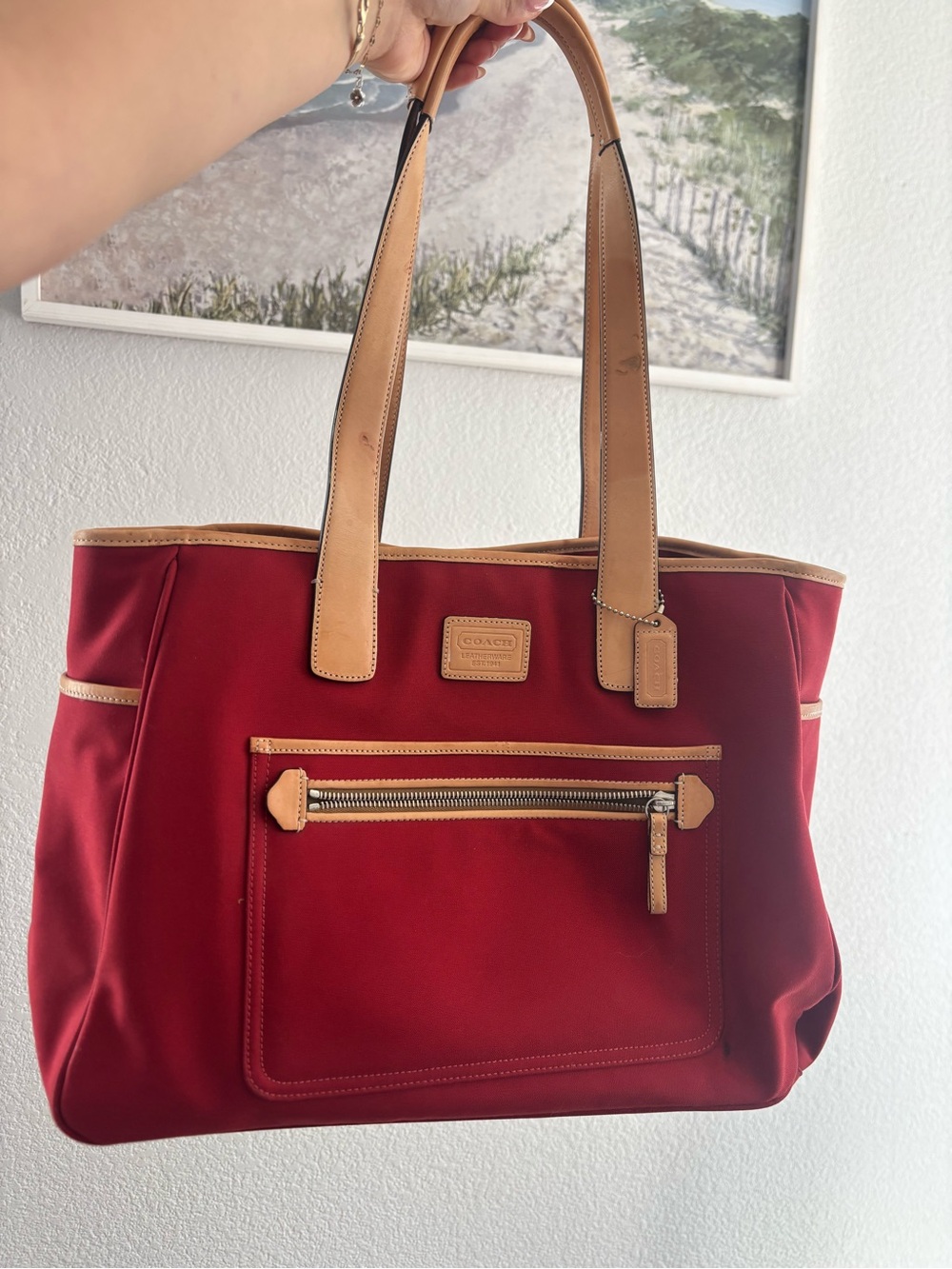 Coach Red Tote with Tan Leather Trim